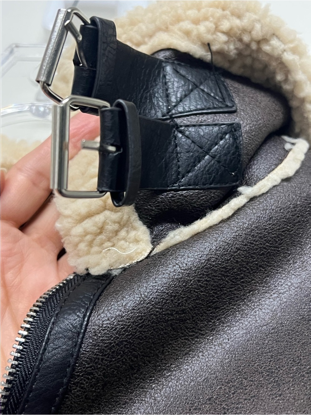 Faux Leather Shearling Trim Cropped Biker Jacket Sherpa Lined Chocolate Brown - Picture 5 of 7
